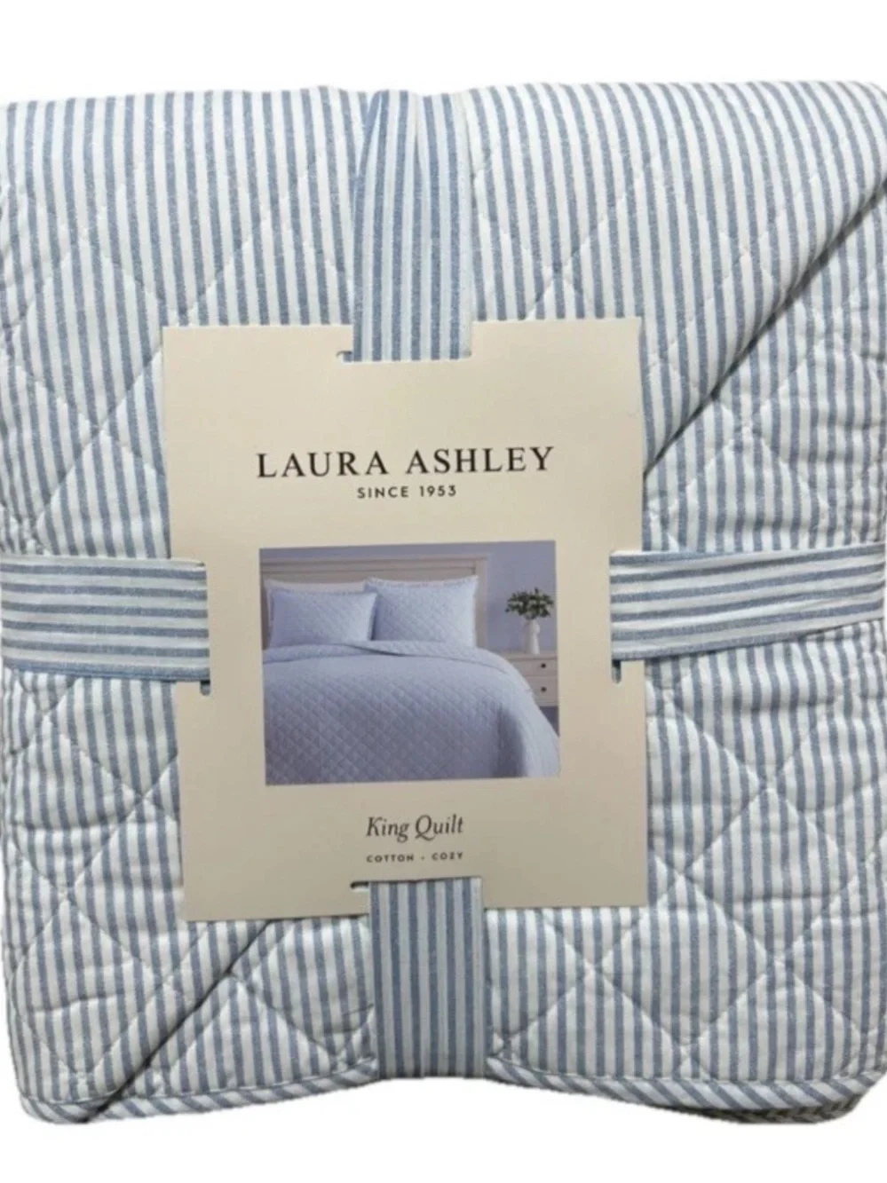 Laura Ashley Blue and White Striped King Cotton Quilt 104”x96”